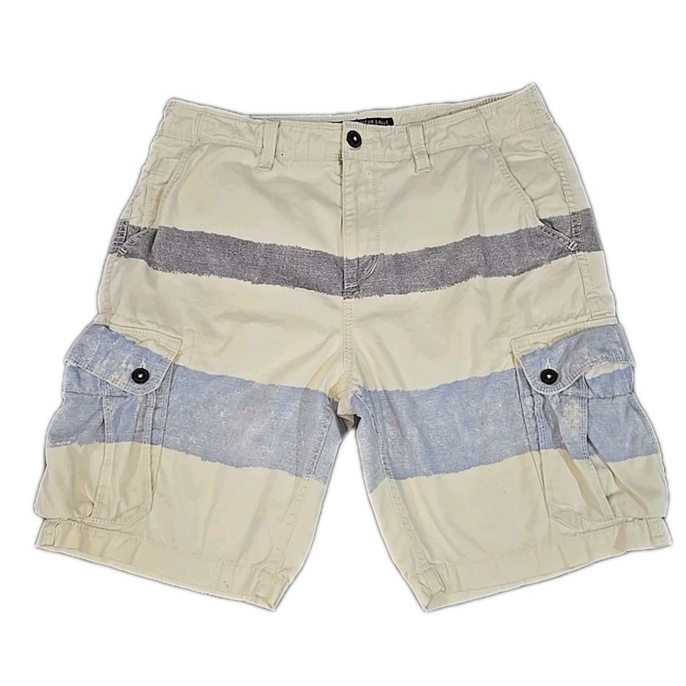 American Eagle Cargo Shorts Men's 36 Classic Striped Tan Grey Blue Summer Casual